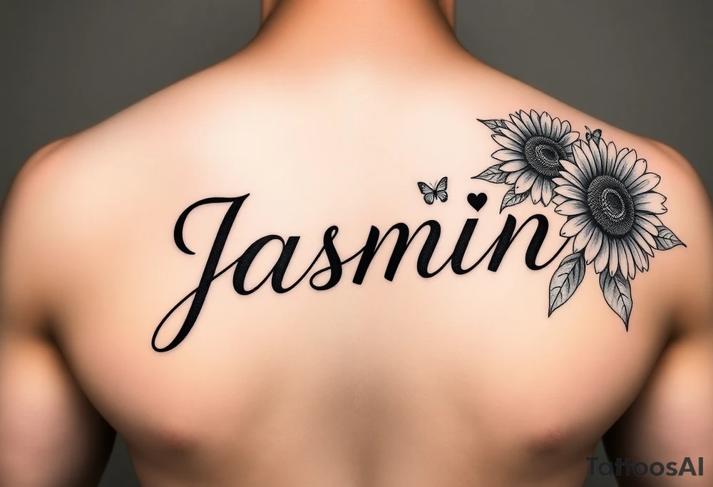 i need the name jasmin on the right side of a males chest, and with the letter “i” having a heart as the dot, and then i want some roses on the letter j and 3 sunflowers on the letter n and for it to be in cursive with some butterflies around it. I want the name on top of the flowers but for the flowers to be under the name, and i want some roses on the left side and sunflowers on the right side tattoo idea