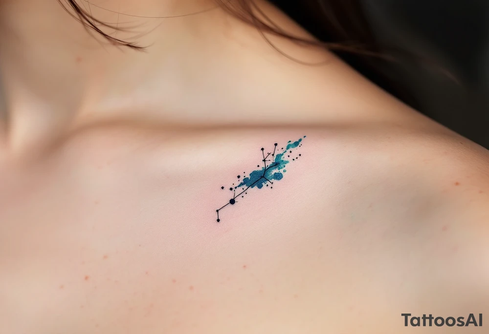 A fine-line Capricorn constellation emerging from a splash of deep teal and midnight blue ink. tattoo idea