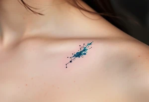 A fine-line Capricorn constellation emerging from a splash of deep teal and midnight blue ink. tattoo idea