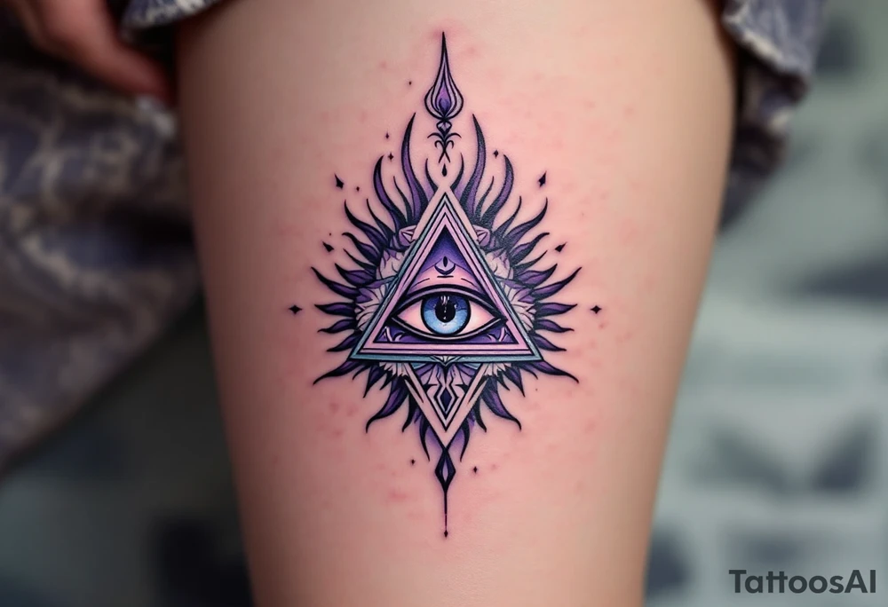 A purple triangle with a third eye in the center, radiating mysticism and awareness placed under collarbone tattoo idea