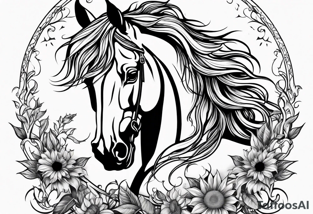 Realistic Horse, sunflower, and Yggdrasil tree tattoo idea Realistic Horse, sunflower, and Yggdrasil tree tattoo idea