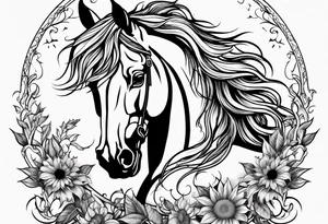 Realistic Horse,  sunflower, and Yggdrasil tree tattoo idea