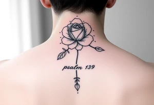 Fine line rose flower intertwined with a daisy with the daisy pedals falling down the middle of the back. Also include the words psalm 139 and even there connected to the flowers by dots tattoo idea