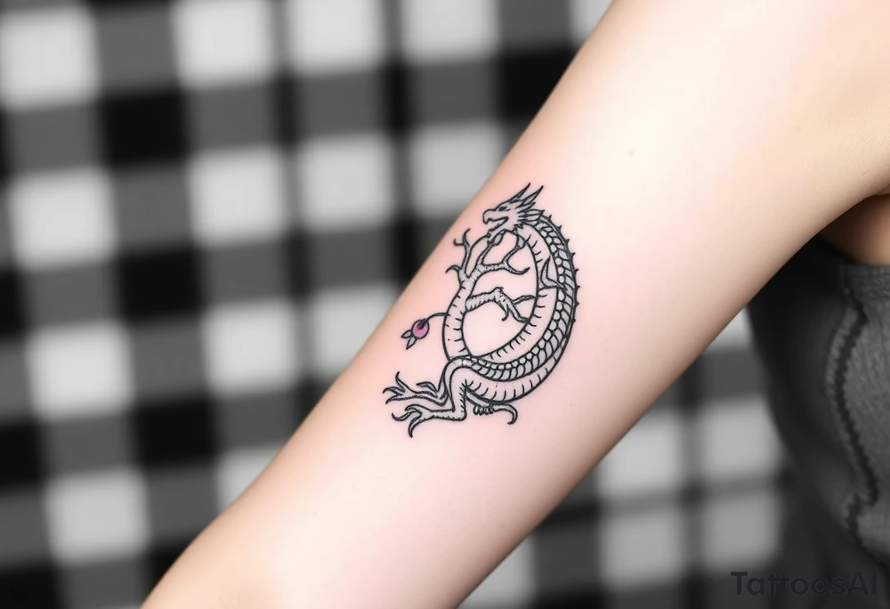 a dragon forming a circle with its body.  the dragon encircles the tree of life.   the tree of life has fruit  and the dragon is eating the fruit. the roots of the tree are strangling the tail of the dragon tattoo idea