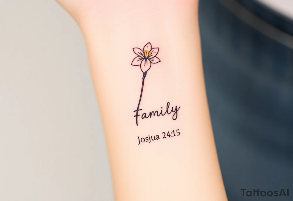 Narcissus flower at the top, drawn in single-needle fine line

Slim stem flowing naturally downward

Stem softens and transitions into “Family” in gentle cursive

“Joshua 24:15” sits underneath in tiny, clean lettering

Vertical flow = elegant, feminine, and perfectly suited to the inner wrist

Overall height: ~5–7 cm (subtle, timeless, not heavy) tattoo idea