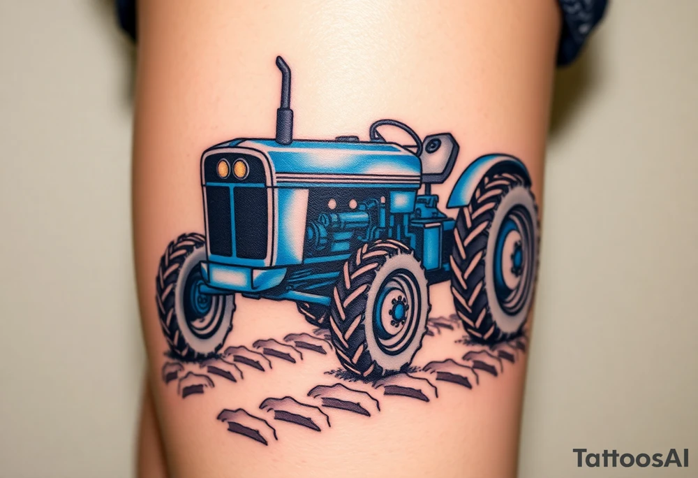 A detailed blue tractor with headlights glowing, standing proudly on a freshly tilled farm field. tattoo idea