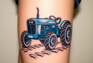 A detailed blue tractor with headlights glowing, standing proudly on a freshly tilled farm field. tattoo idea