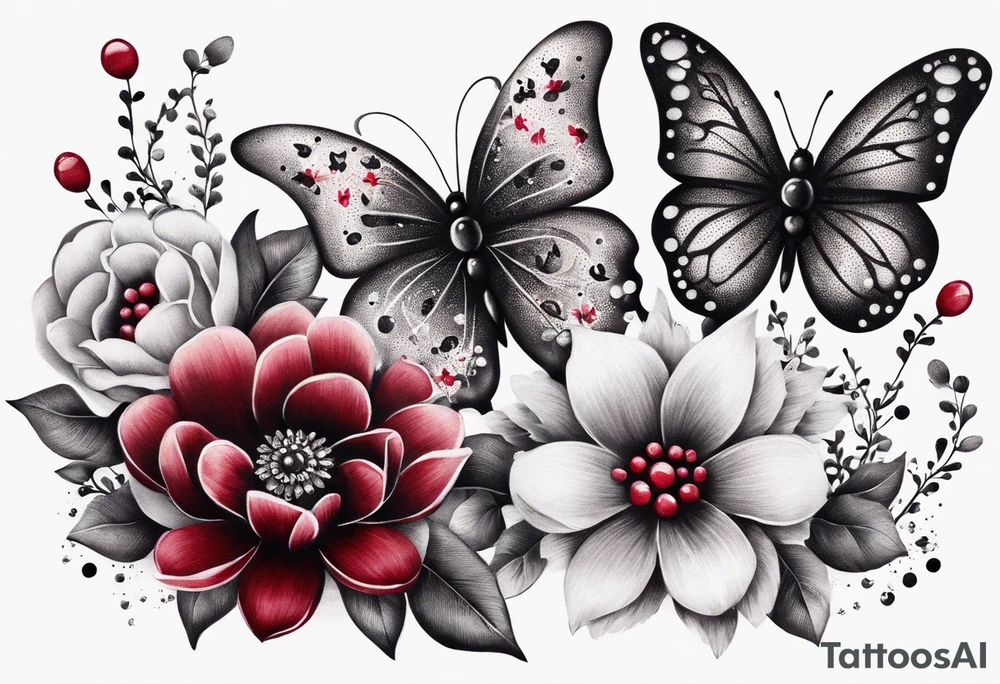 Flowers with "Ruby" in calligraphy font and butterflies around it tattoo idea