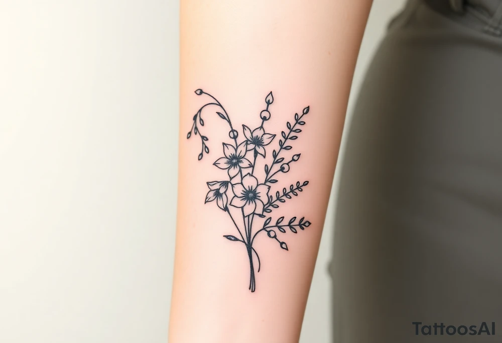 Bouquet of birth months flowers Lilly of the valley, daffodil, larkspur and Ilex aquifolium with berries tattoo idea