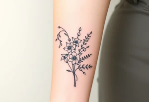 Bouquet of birth months flowers Lilly of the valley, daffodil, larkspur and Ilex aquifolium with berries tattoo idea