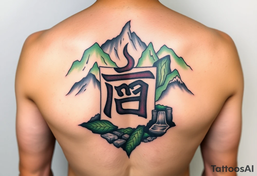 I need to import a photograph as the focal point of the tattoo. The Burmese word သား Inside of a photo the subject of the photo.  The photo surrounded by a colorful green mountainside with a waterfall tattoo idea