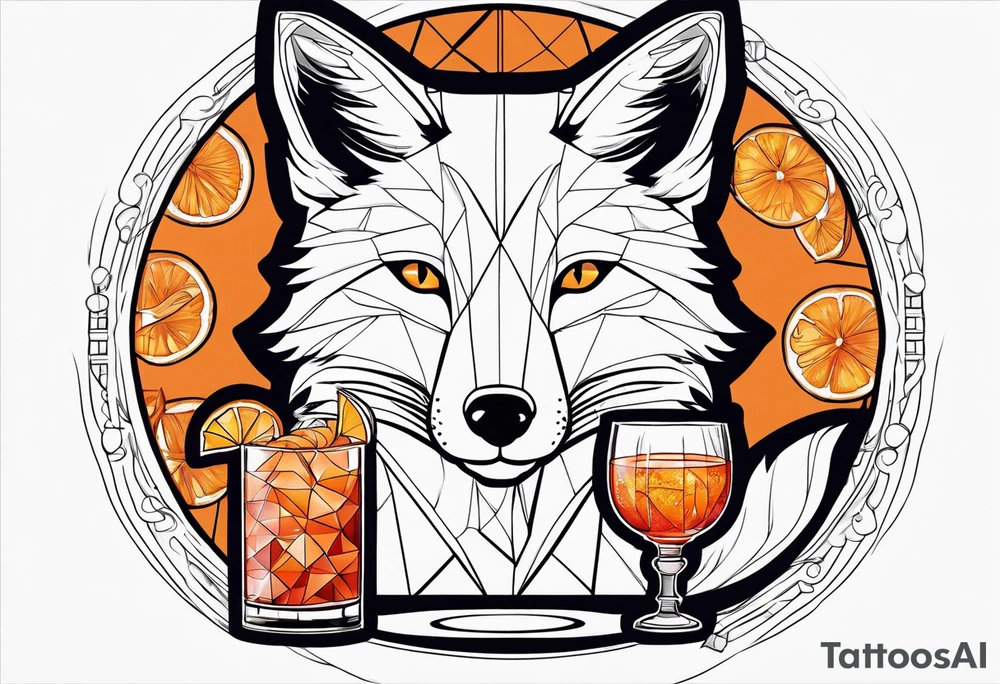 Adult male fox with one Negroni in short lowball cocktail glass with ice and orange peel with disco background tattoo idea