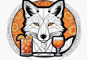 Adult male fox with one Negroni in short lowball cocktail glass with ice and orange peel with disco background tattoo idea