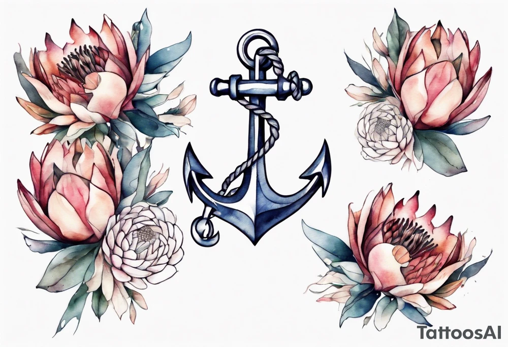 Very feminine tattoo of an anchor with protea flowers tattoo idea