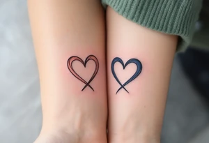 A matching tattoo of two intertwined hearts—one in soft rose gold and the other in deep navy blue—symbolizing harmony in contrast. tattoo idea