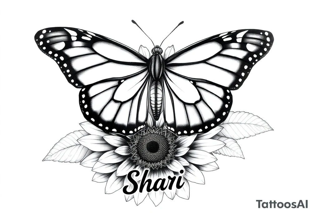 The central focus is a large butterfly with intricate wing patterns, which appears to be a monarch butterfly. It is resting on a sunflower, with its wings spread open.With the name Shari  in it tattoo idea