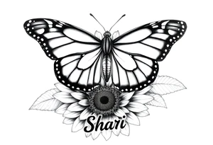 The central focus is a large butterfly with intricate wing patterns, which appears to be a monarch butterfly. It is resting on a sunflower, with its wings spread open.With the name Shari  in it tattoo idea