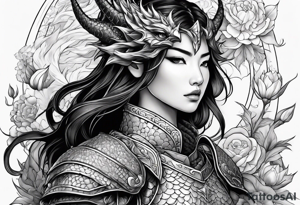 beautiful warrior woman wearing dragon armor and a floral background and a dragon a full picture tattoo idea
