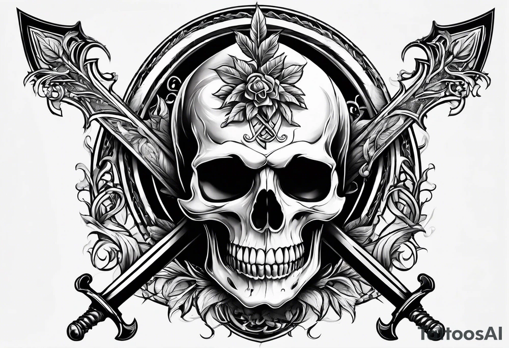 Skull with sword through it and laurel wreath. tattoo idea