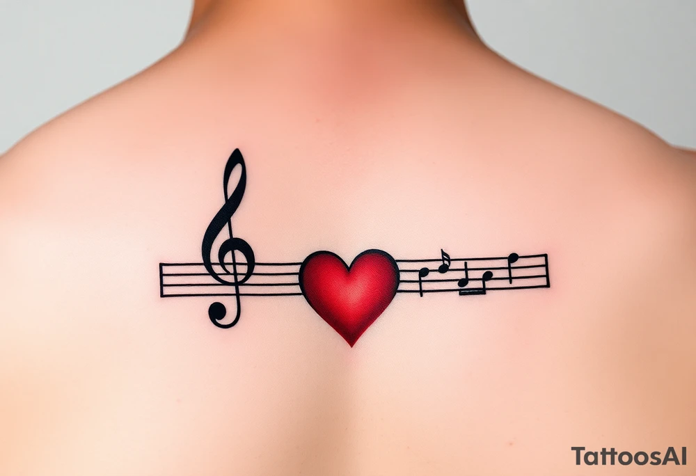 Music staff with treble clef and music notes with Ekg line in middle of tattoo with red heart tattoo idea