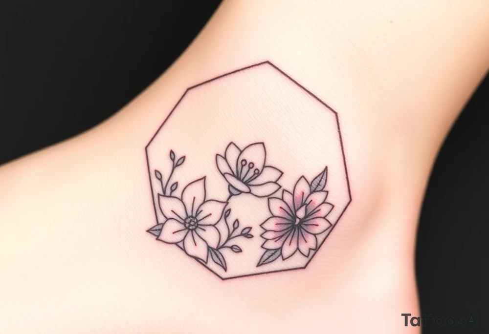 Faint Hexagon with Leo, larkspur and water lilies in the center tattoo idea