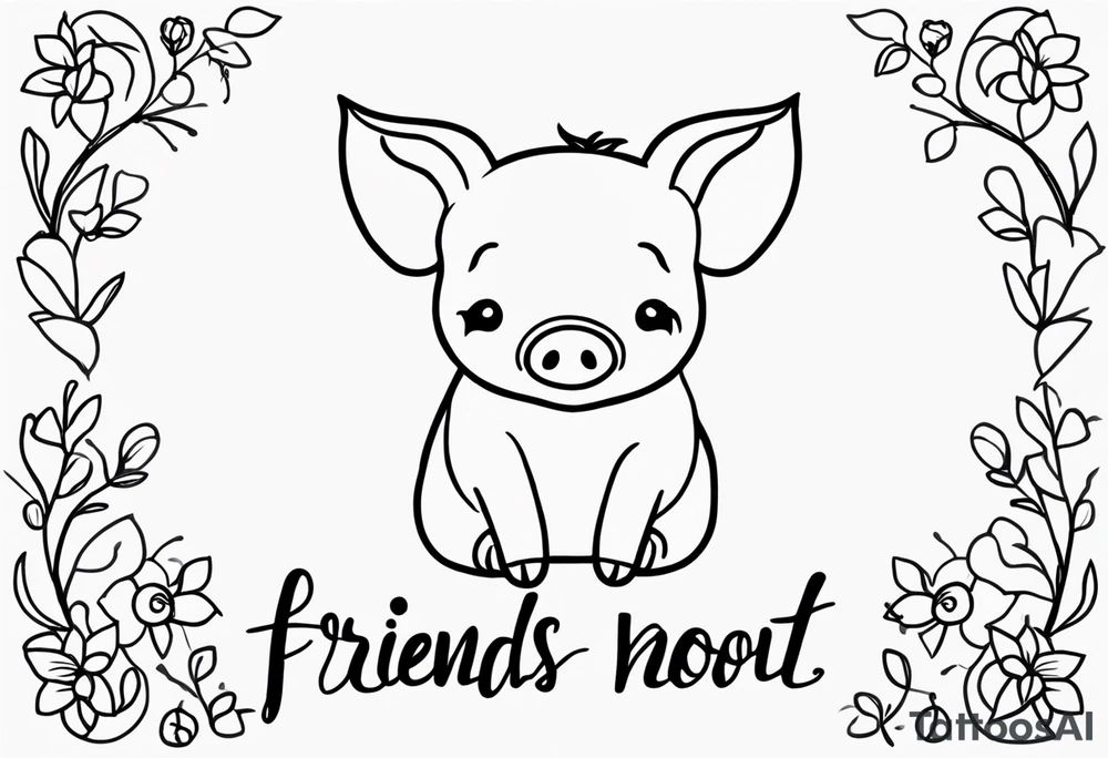 simple drawing of piglet or pig with text: "Friends. Not Food" included.
draw with very thin lines and no shading tattoo idea