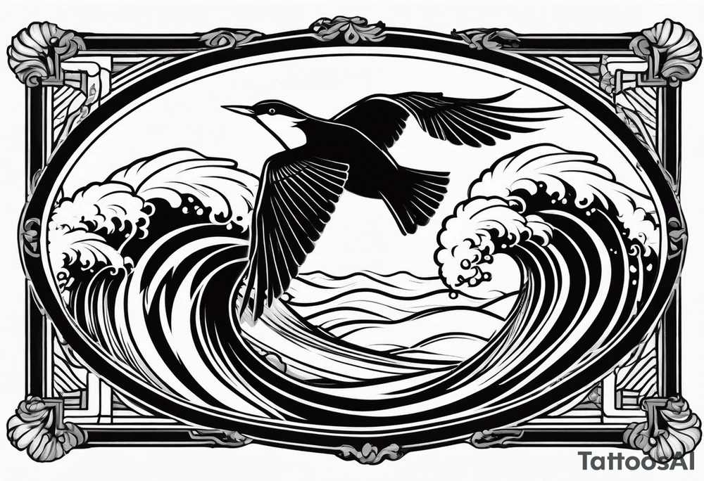 a bird surfing a japanese style wave inside an antique frame tattoo idea
