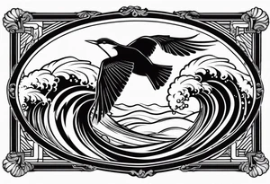 a bird surfing a japanese style wave inside an antique frame tattoo idea