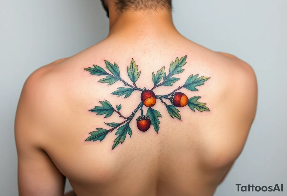 on the forearm an oak branch with thick leaves and acorns tattoo idea