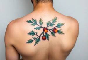 on the forearm an oak branch with thick leaves and acorns tattoo idea