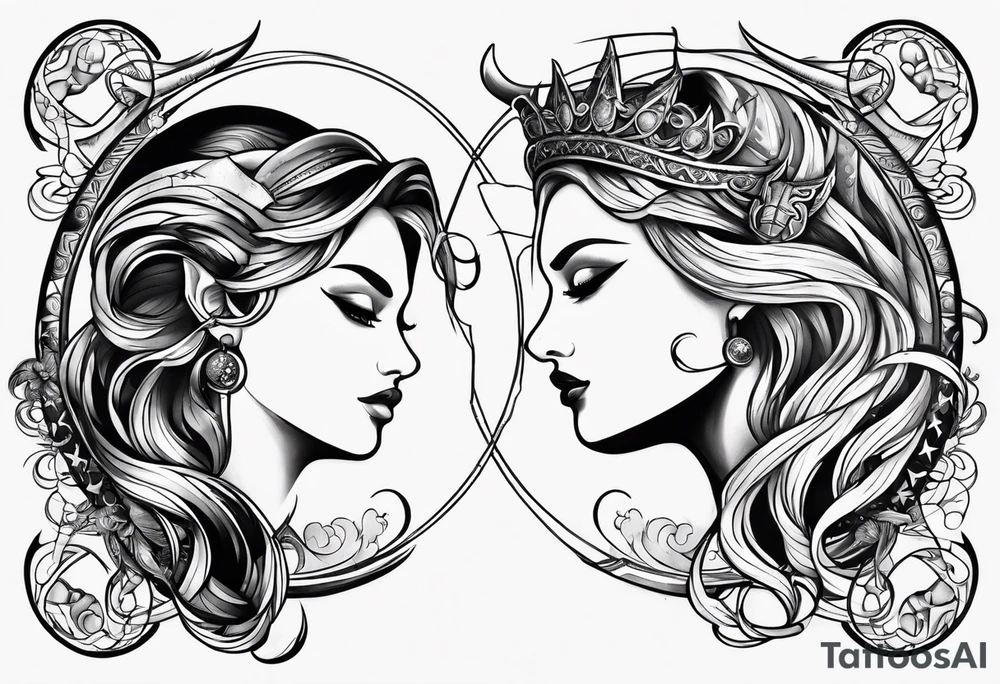 Zodiac sign Pisces and Sagittarius over 2 Leo and 2 Capricorn tattoo idea