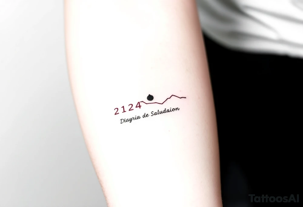 “Quero uma tatuagem no antebraço, simples e pequena. Deve ter a data de nascimento do meu avô escrita em vermelho, seguida de um traço reto e, à frente, o símbolo de infinito em preto. O design deve ser minimalista, com letras elegantes e proporcionais, mantendo um aspeto discreto.” tattoo idea