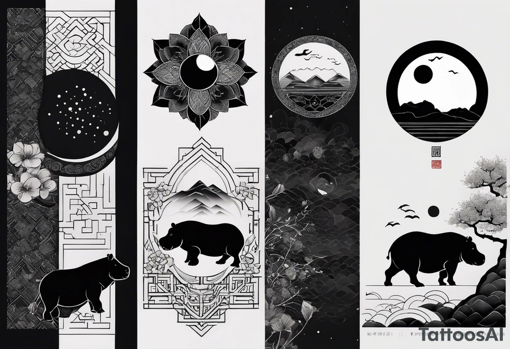Very asymmetrical, +geometric pattern, with realistic full moon, with serious looking hippo, +zen feel, + Buddhism touch, +tribal, +geometric, +chinese inkart 
with wintersweet flower bud, +portrait orientation, +inkart touch, tattoo idea
