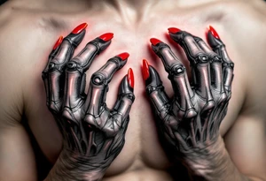 A pair of Xenomorph hands reaching forward, with biomechanical texture, glowing neon red nails, and black shadowed fingers. tattoo idea