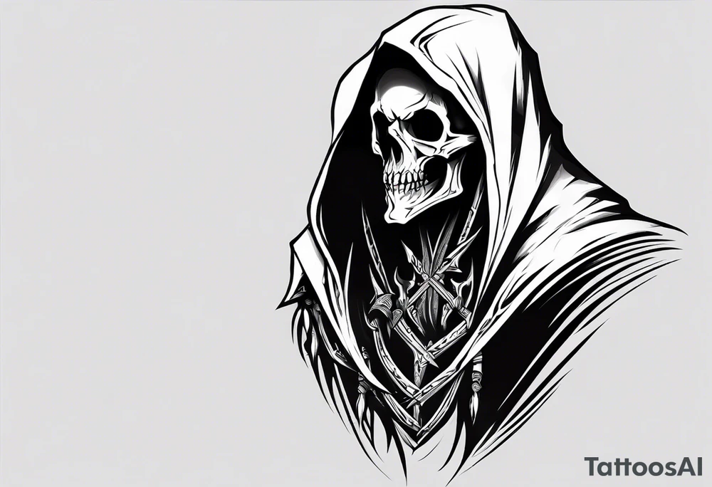 side view, hooded reaper upper body, no skull tattoo idea