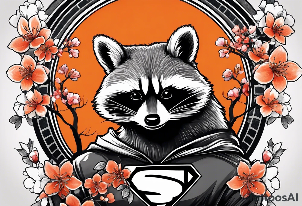 Raccoon wearing a white Superman logo on a black hoodie and orange Japanese cherry blossoms beside tattoo idea