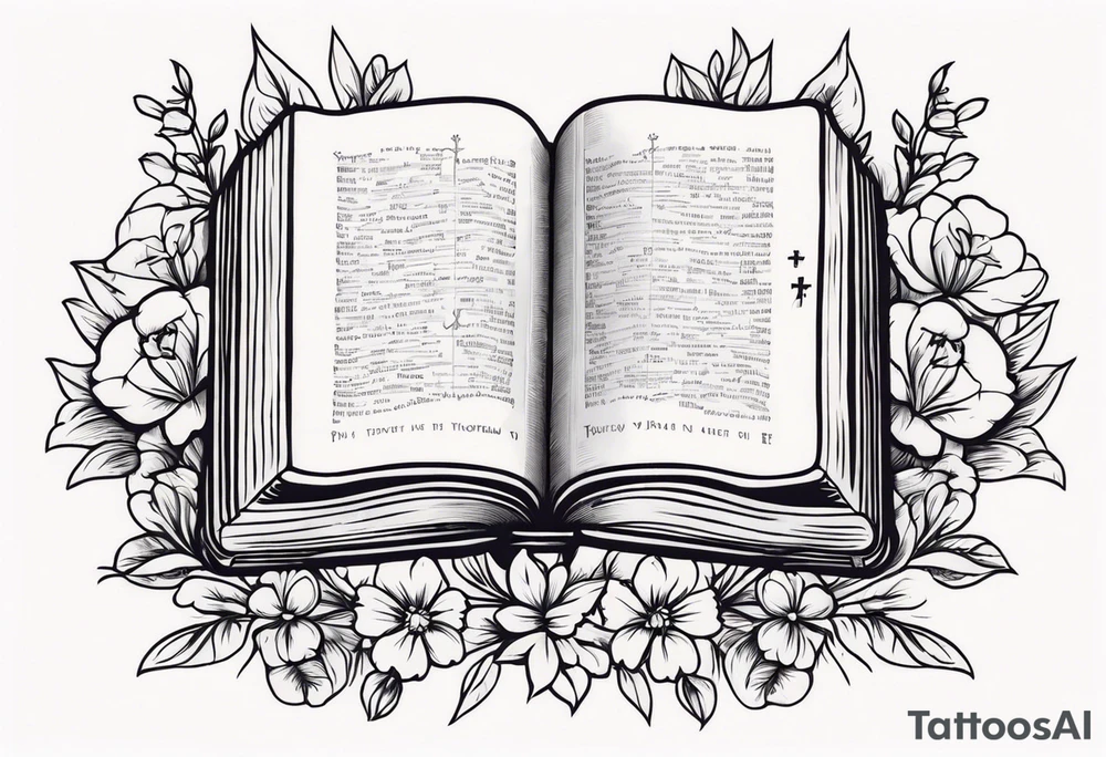 front of bible with cross on bible surrounded by flowers tattoo idea