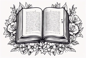 front of bible with cross on bible surrounded by flowers tattoo idea