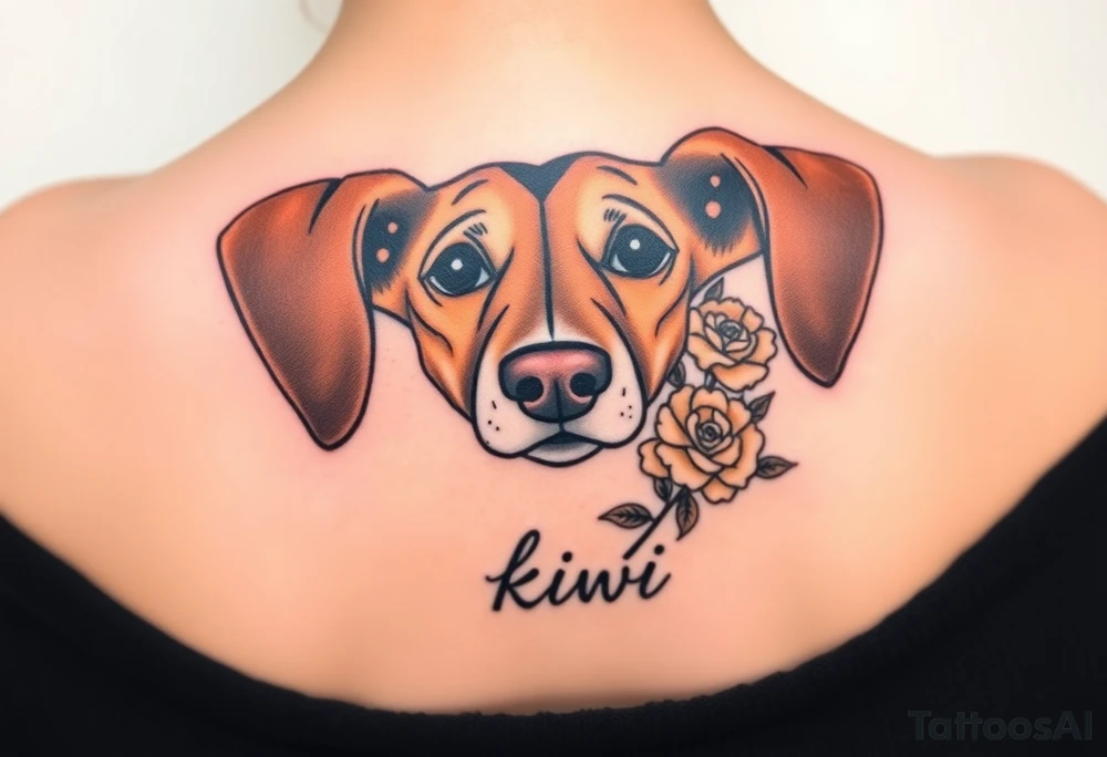 female  hound dog brown  Brindle with white strip going up snout   Slightly off center and pointy ears 
dog with the name kiwi . And a tiny rose around her . With her ears pointy a little big tattoo idea
