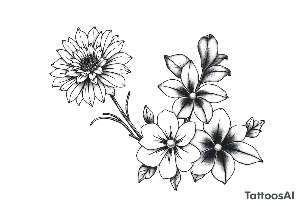 Honeysuckle, marigold, chrysanthemum, and violet bouquet tattoo idea