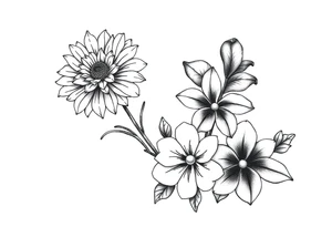 Honeysuckle, marigold, chrysanthemum, and violet bouquet tattoo idea