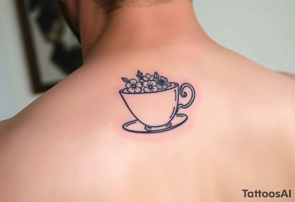Dainty tea cup with small flowers tattoo idea