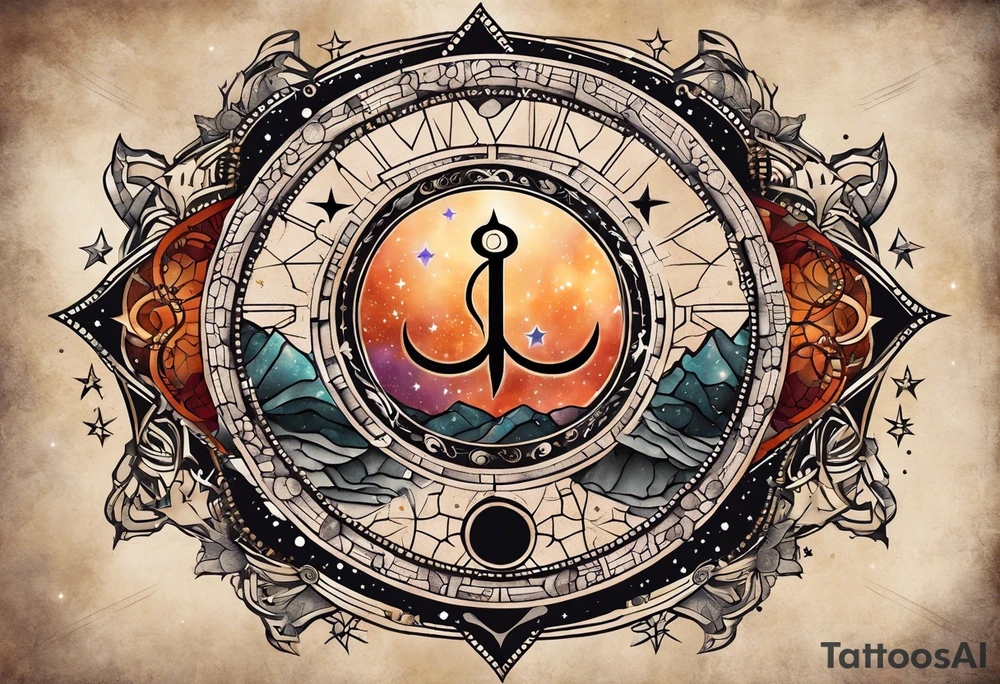 Matter, energy, space and time with an old stone theta symbol with stars in the background and Scorpio constellation tattoo idea