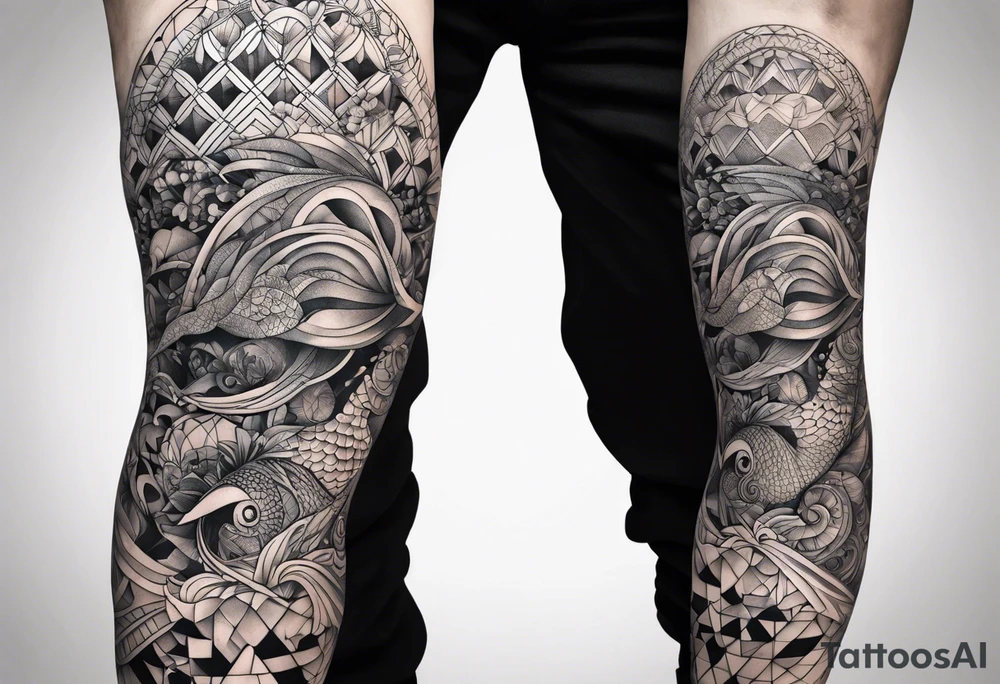 Sea life full leg sleeve male geometric tattoo idea