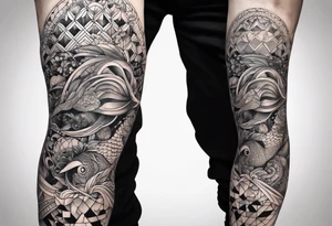 Sea life full leg sleeve male geometric tattoo idea