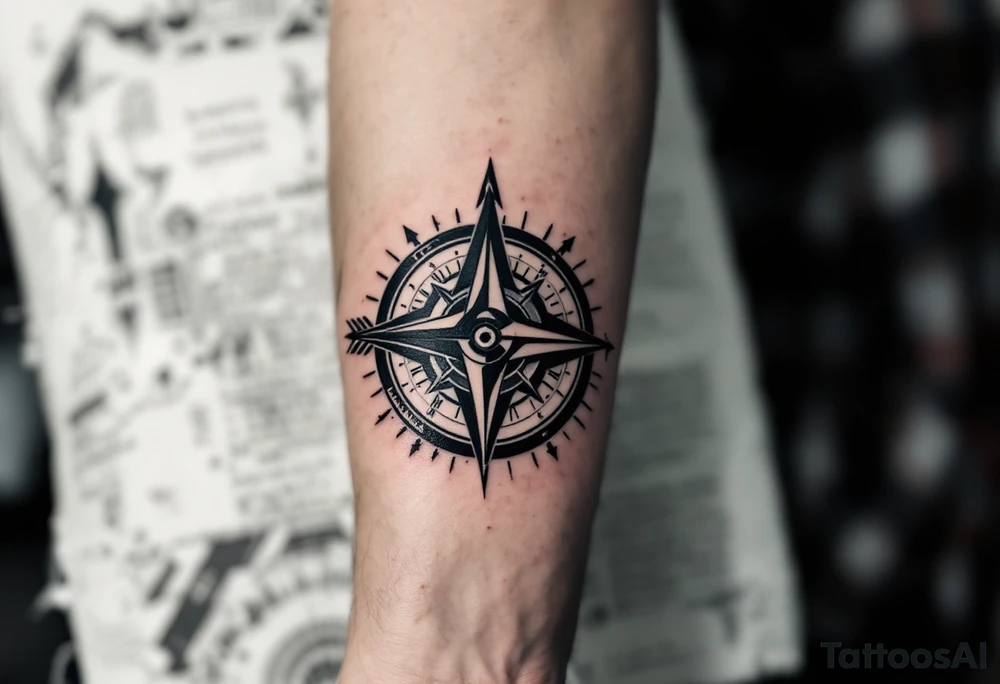 Rustic half compass half clock with a long native American arrow pointing at my wrist with the words “True North” and says "Isaiah 40:31" tattoo idea