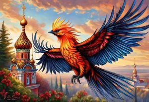 russian firebird in-flight with long fancy tail and 3 small onion cap monastery towers in background, with "Isaiah 43: 18-19" tattoo idea