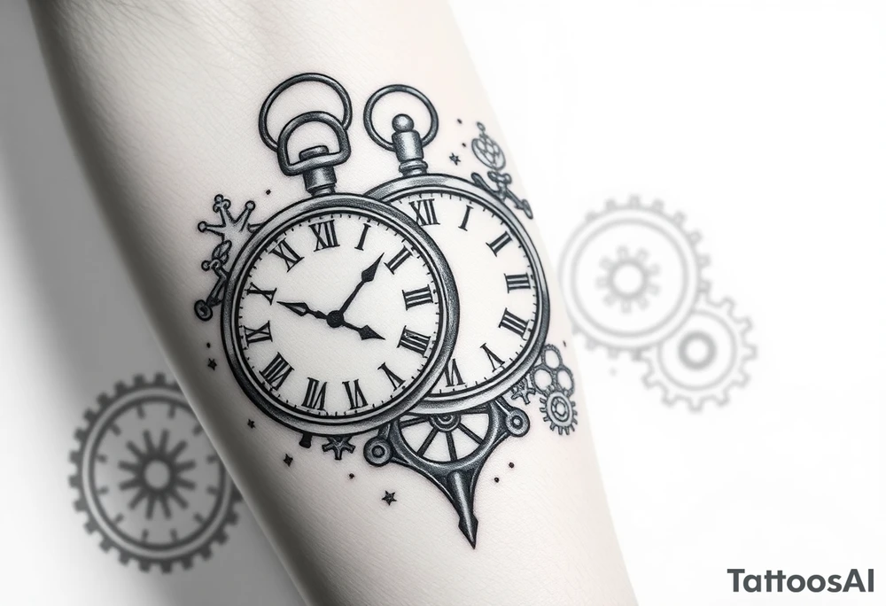 Roman numeral Clocks on arm that show kids birthday with gears as background tattoo idea