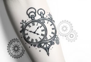 Roman numeral Clocks on arm that show kids birthday with gears as background tattoo idea