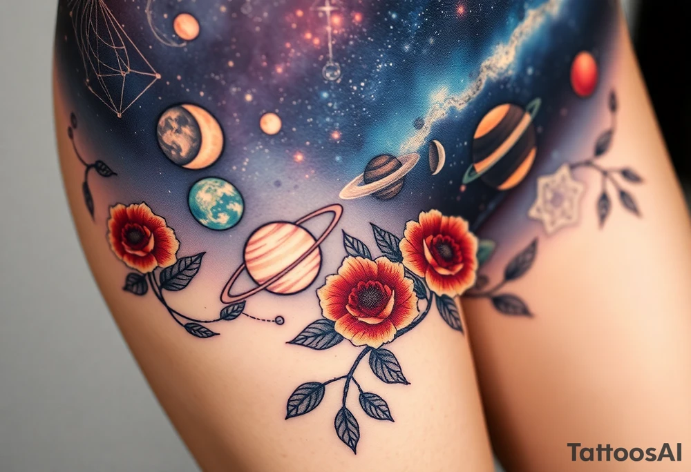 Milky way galaxy with planets with zodiac symbols and protection runes with red roses and sunflowers tattoo idea